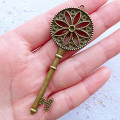 Vintage Key Charm with Floral Pattern | Large Skeleton Key Pendant in Antique Style | Flower Key Necklace Making | Ornate Key Charm | Bag Charm DIY (1 piece / Antique Bronze / 27mm x 76mm)