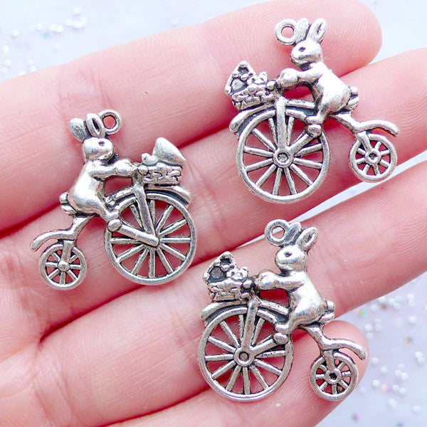 Rabbit on Bicycle Charms | Bunny on Bike Charm | White Rabbit Charms | Animal Pendant | Easter Decoration | Alice in Wonderland Jewellery (3pcs /