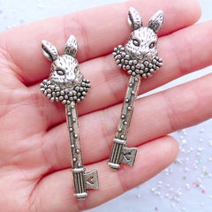 Bunny Key Charms | Rabbit Head Key Pendant | Alice in Wonderland Charm | Ornate Key Charm | Animal Key Charm | Silver Door Key Charm | Whimsical Necklace DIY (2 pcs / Tibetan Silver / 16mm x 51mm)