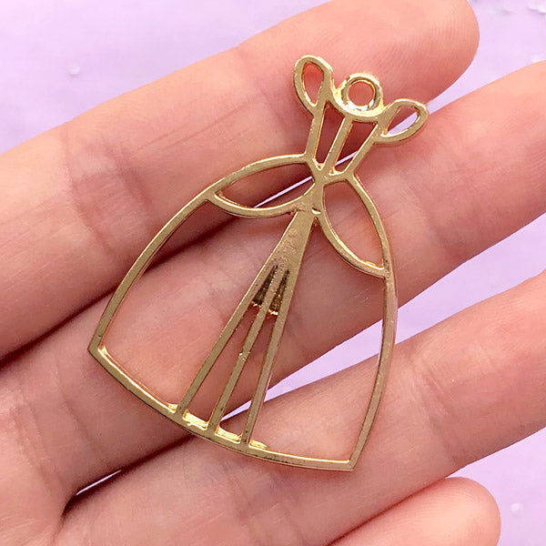 Princess Girl Dress Open Backed Bezel Charm | Kawaii Jewelry Making | UV Resin Craft Supplies (1 piece / Gold / 29mm x 40mm)