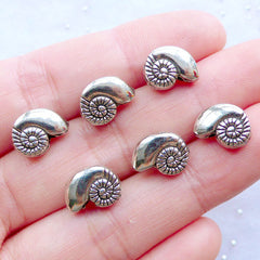 Nautilus Shell Beads | Silver Seashell Beads | Sea Shell Jewellery | Mini Marine Life Beads | Sealife Beads | Sea Animal Beads | Ocean Creature Beads | Beach Party Decoration | Small Hole Beads (6 pcs / Tibetan Silver / 11mm x 8mm / 2 Sided)