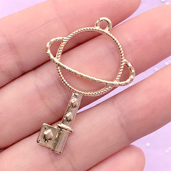 Saturn Key Open Bezel Charm | Kawaii Key Pendant | Outline Hollow Charm for UV Resin Filling | Epoxy Resin Crafts | Resin Jewellery Making (1 piece / Gold / 25mm x 39mm)