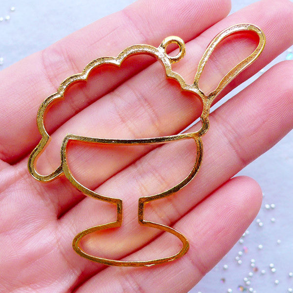 CLEARANCE Kawaii Open Back Bezel Charm | Ice Cream Parfait Sundae Charm | Outlined Sweets Charm | Hollow Bezel Pendant | UV Resin Jewelry DIY | Deco Frame for Epoxy Resin Filling (1 piece / Gold / 50mm x 51mm / 2 Sided)