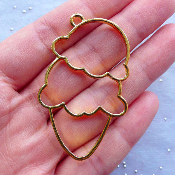 Kawaii Open Bezel Charm | Outlined Ice Cream Charm | Sweets Pendant | Open Back Frame for UV Resin Filling | Epoxy Resin Jewellery Making (1 piece / Gold / 32mm x 55mm / 2 Sided)