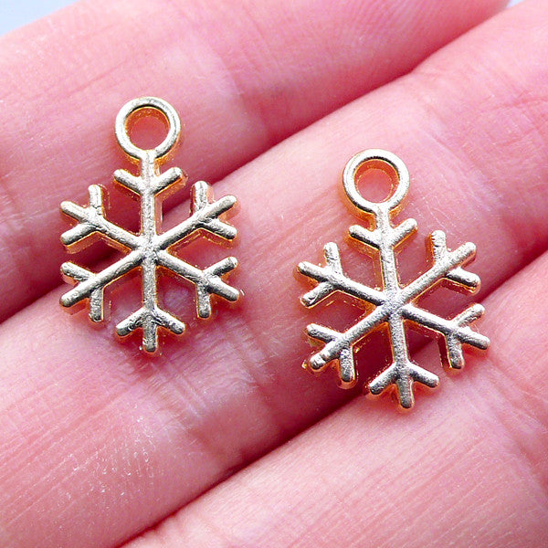 Small Snowflake Charms | Gold Snow Flake Drop | Snowflakes Pendant | Christmas Jewelry | Winter Holiday Charm | Mini Christmas Ornament (2pcs / Gold /