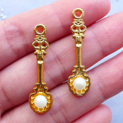 CLEARANCE Kawaii Spoon Charm with Pearl | Fancy Spoon Pendant | Dollhouse Utensil Charm | Miniature Sweets Making | Fake Mini Food Jewellery | Planner Charm DIY (2pcs / Gold / 9mm x 33mm)