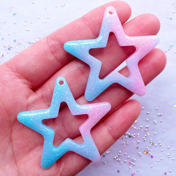 Kawaii Star Charms in Rainbow Galaxy Gradient Color | Large Star Outline Pendant | Resin Star Pendant | Magical Girl Jewelry Making (2pcs / Blue & Pink / 45mm x 44mm)