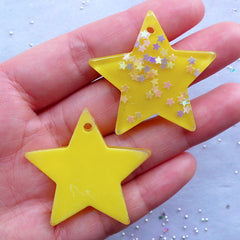 CLEARANCE Resin Star Charms with Star Confetti | Glitter Star Pendant | Kawaii Decoden Pieces | Decora Kei Jewelry Supplies | Phone Case Decoration (2pcs / Yellow / 39mm x 36mm)