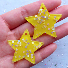 CLEARANCE Resin Star Charms with Star Confetti | Glitter Star Pendant | Kawaii Decoden Pieces | Decora Kei Jewelry Supplies | Phone Case Decoration (2pcs / Yellow / 39mm x 36mm)