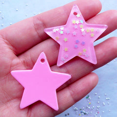 Kawaii Confetti Star Charms | Resin Star Pendant | Glittery Decoden Cabochon | Fairy Kei Jewelry Making | Phone Case Embellishments (2pcs / Pink / 39mm x 36mm)
