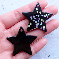 Kawaii Goth Star Charms with Confetti | Resin Star Cabochon | Glittery Star Pendant | Decoden Phone Case | Decora Kei Jewellery Making | Phone Embellishments (2pcs / Black / 39mm x 36mm)
