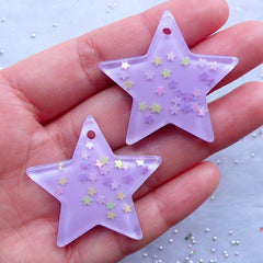 Confetti Star Pendant with Star Glitter | Kawaii Resin Cabochon | Decoden Star Charm | Mahou Kei Jewelry | Cute Embellishments (2pcs / Purple / 39mm x 36mm)