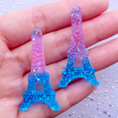 Eiffel Tower Resin Pendant | Galaxy Gradient Decoden Cabochon | Kawaii French Jewelry Making | Paris Travel Charm (2pcs / Pink & Blue / 22mm x 43mm / Flatback)