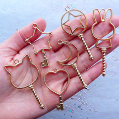 Key Open Bezel Pendant | Magic Wand Open Bezel Charm | Blank Charms for Kawaii UV Resin Crafts | Magical Girl Jewelry (6pcs / Gold)