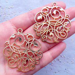 Filigree Open Bezel Pendant for UV Resin Jewellery | Open Back Bezel Charm in Floral Lace Pattern | Kawaii Crafts (2pcs / Gold / 40mm x 45mm)