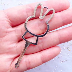 Bunny Magic Wand Open Bezel Pendant | Rabbit Open Backed Bezel Charm | Kawaii Animal Deco Frame for UV Resin Filling | Outlined Hollow Charm (1 piece / Silver / 23mm x 65mm)