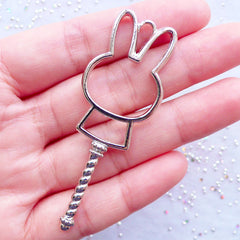 Bunny Magic Wand Open Bezel Pendant | Rabbit Open Backed Bezel Charm | Kawaii Animal Deco Frame for UV Resin Filling | Outlined Hollow Charm (1 piece / Silver / 23mm x 65mm)