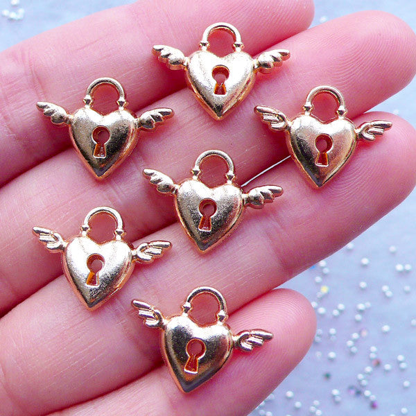 Winged Heart Key Lock Charms | Mini Heart Pendant | Valentine's Day Decor | Wedding Supplies | Love Charm | Kawaii Planner Charm Making (6pcs / Gold /