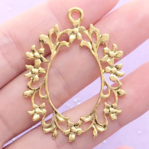 Floral Deco Frame Charm | Hollow Oval Pendant with Flower Border | Open Backed Bezel for UV Resin Filling | Resin Jewelry Findings (1 piece / Gold / 34mm x 43mm)