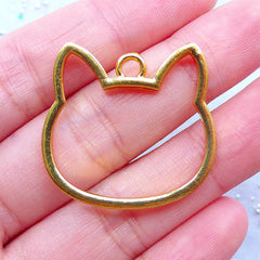 CLEARANCE Kitty Head Open Bezel Pendant for UV Resin Art | Kawaii Cat Outline Charm | Animal Jewellery | Hollow Frame for Resin Filling (1 piece / Gold / 29mm x 28mm / 2 Sided)