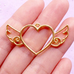 Winged Heart Open Back Bezel Pendant for UV Resin Crafts | Kawaii Charm | Heart with Angel Wing Charm | Hollow Deco Frame (1 piece / Gold / 41mm x 20mm)