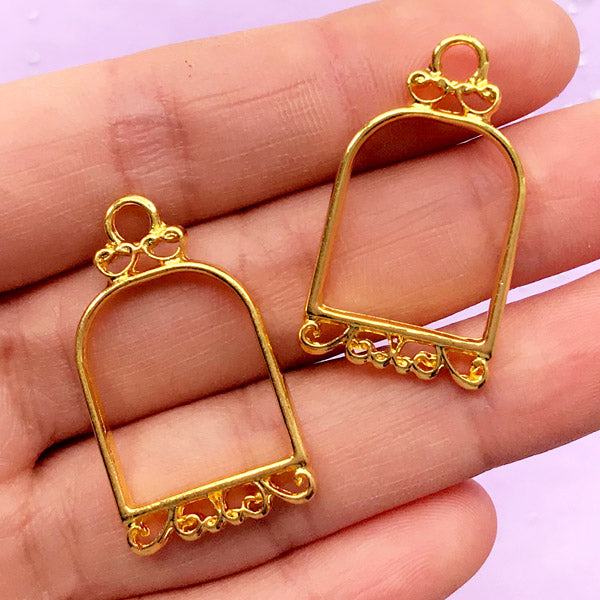 Bird Cage Open Back Bezel Pendant | Kawaii Charm | Hollow Deco Frame for UV Resin Filling (2 pcs / Gold / 18mm x 32mm / 2 Sided)