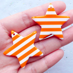 Kawaii Star Charms | Stripe Star Pendant | Rockabilly Jewelry Making | Resin Cabochon | Kitsch Decoden Supplies (2 pcs / Orange / 36mm x 34mm / 2 Sided)