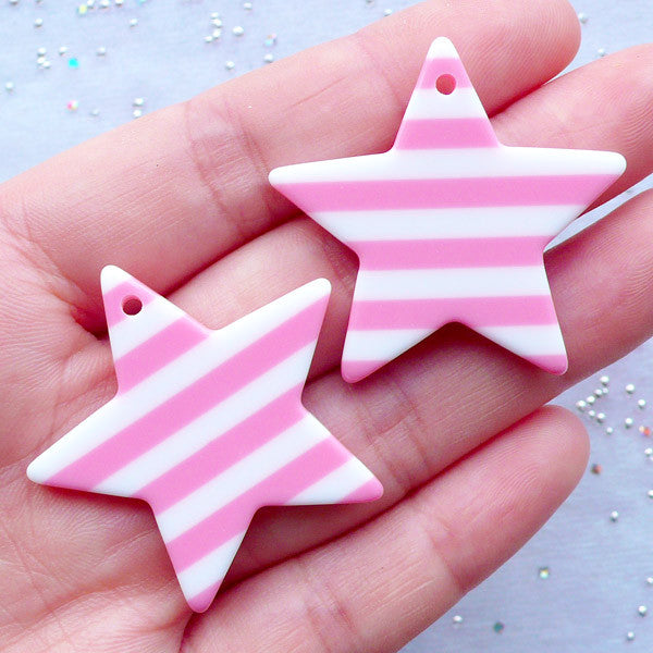 Resin Star Charms | Striped Star Pendant | Kawaii Jewellery Making | Decoden Cabochon | Pop Decora Kei (2 pcs / Pink / 36mm x 34mm / 2 Sided)