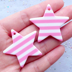 Resin Star Charms | Striped Star Pendant | Kawaii Jewellery Making | Decoden Cabochon | Pop Decora Kei (2 pcs / Pink / 36mm x 34mm / 2 Sided)
