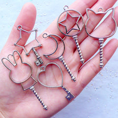 Assorted Key Open Bezel Charms | Kawaii Magic Wand Pendant | Blank Deco Frame for UV Resin Craft | Magical Girl Jewelry Findings (6pcs / Silver)
