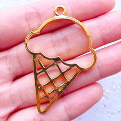 Kawaii Ice Cream Open Bezel Pendant | Sweets Outline Charm | Large Dessert Charm | Cute Deco Frame for UV Resin Crafts | Afternoon Tea Jewelry Making (1 piece / Gold / 34mm x 50mm / 2 Sided)