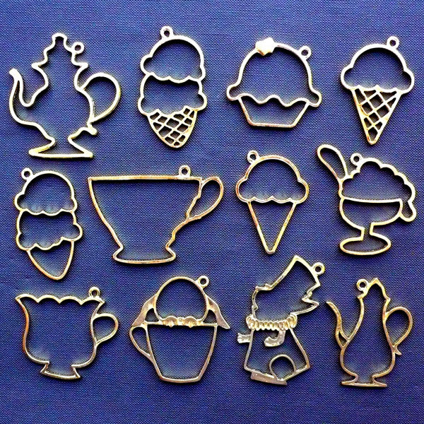 Assorted Open Back Bezel Set | Alice in Wonderland Afternoon Tea Charms | Kawaii Sweet Pendant | UV Resin Craft Supplies | Dessert Jewelry (12 pcs / Gold / 2 Sided)