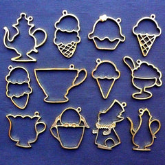 Assorted Open Back Bezel Set | Alice in Wonderland Afternoon Tea Charms | Kawaii Sweet Pendant | UV Resin Craft Supplies | Dessert Jewelry (12 pcs / Gold / 2 Sided)