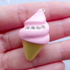 Kawaii Ice Cream Charm with Rhinestones | Fake Food Jewelry | Cute Sweets Pendant | Chunky Jewellery Making | Decoden Supplies (1 piece / Pink / 20mm x 35mm / 3D)