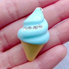 3D Ice Cream Pendant with Rhinestones | Fake Sweets Jewelry | Kawaii Food Pendant | Cute Chunky Jewelry Supplies | Decoden Phone Case (1 piece / Blue / 20mm x 35mm / 3D)