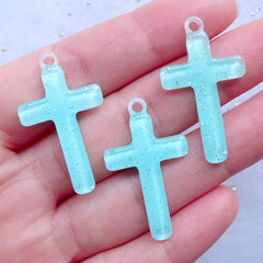 Glittery Cross Resin Charms | Kawaii Cross Pendant | Cute Religion Jewelry Making | Decoden Craft Supplies (3pcs / Blue / 19mm x 33mm)