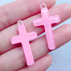 Kawaii Cross Charms with Glitter | Resin Cross Pendant | Cute Catholic Jewellery DIY | Decoden Embellishments (3pcs / Pink / 19mm x 33mm)