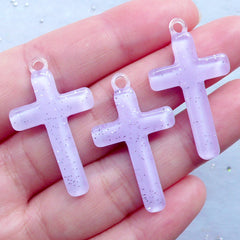 Cross Cabochon Charms | Glittery Resin Pendant | Kawaii Christian Jewelry | Decoden Phone Case Supplies (3pcs / Purple / 19mm x 33mm)