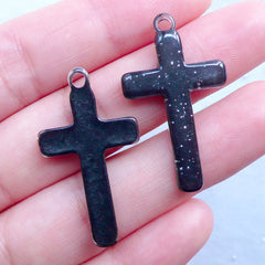 Kawaii Goth Cross Charms | Gothic Lolita Jewelry | Halloween Decoden Pieces | Resin Cabochon Pendant with Glitter (3pcs / Black / 19mm x 33mm)