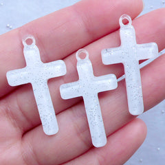 Kawaii Resin Charms | Cross Decoden Cabochons with Glitter | Religion Pendant | Cute Jewellery Supplies (3pcs / White / 19mm x 33mm)