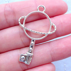 Saturn Planet Key Open Back Bezel Pendant | Kawaii Charm | Hollow Deco Frame for UV Resin Craft | Space Theme Jewelry Making (1 piece / Silver / 25mm x 40mm)
