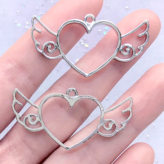 Heart with Angel Wing Open Bezel Charm for UV Resin Crafts | Winged Heart Pendant | Kawaii Deco Frame | Cute Jewelry Making (2 pcs / Silver / 41mm x 21mm)