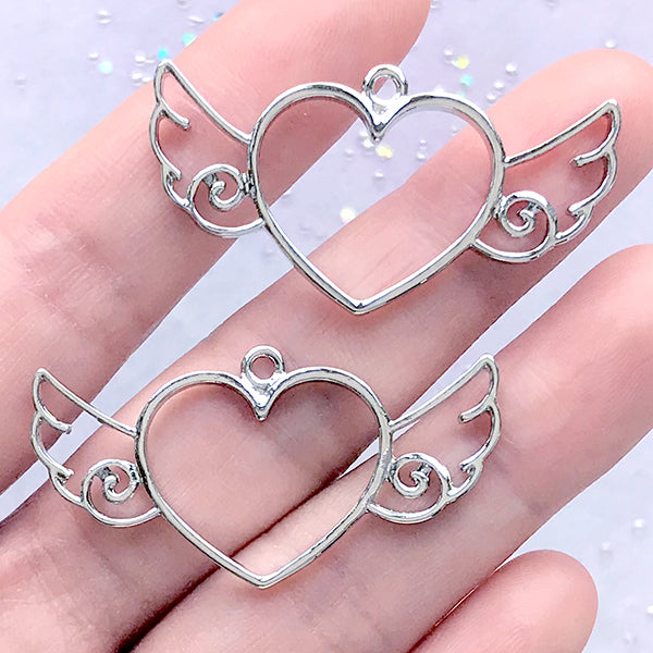 Heart with Angel Wing Open Bezel Charm for UV Resin Crafts | Winged Heart Pendant | Kawaii Deco Frame | Cute Jewelry Making (2 pcs / Silver / 41mm x 21mm)