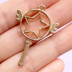 Magical Girl Star Wand with Angel Wing Open Bezel for UV Resin Crafts | Mahou Kei Jewellery | Kawaii Supplies (1 piece / Gold / 26mm x 38mm)