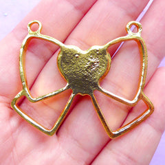 DEFECT Ribbon with Heart Open Bezel Pendant | Kawaii Deco Frame for UV Resin Filling | Bow Outline Charm (1 piece / Gold / 45mm x 37mm)