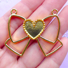 DEFECT Ribbon with Heart Open Bezel Pendant | Kawaii Deco Frame for UV Resin Filling | Bow Outline Charm (1 piece / Gold / 45mm x 37mm)