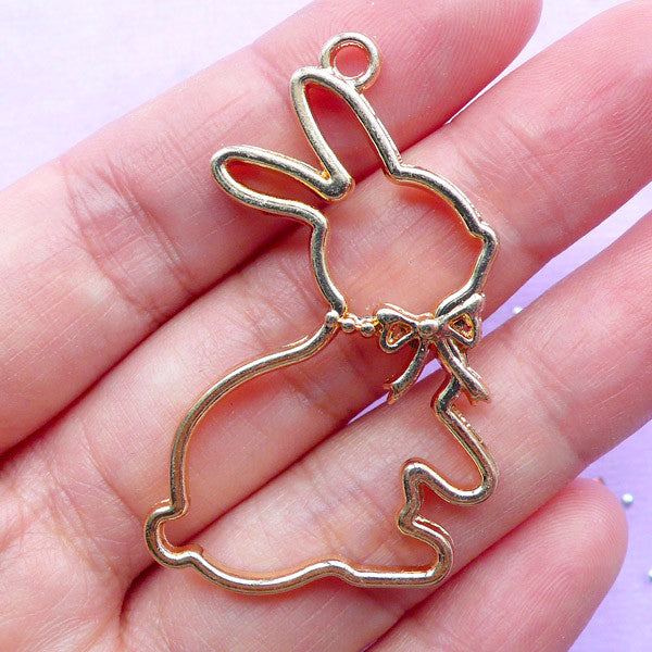 Easter Bunny Open Bezel Charm | Rabbit Deco Frame | Kawaii UV Resin Craft Supplies | Animal Resin Jewelry DIY (1 piece / Gold / 31mm x 45mm)