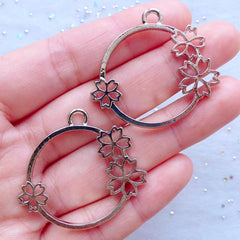 Cherry Blossom Open Bezel Charms | Round Open Backed Bezel Pendant with Sakura | Flower Deco Frame for UV Resin Jewelry (2 pcs / Silver / 36mm x 34mm)
