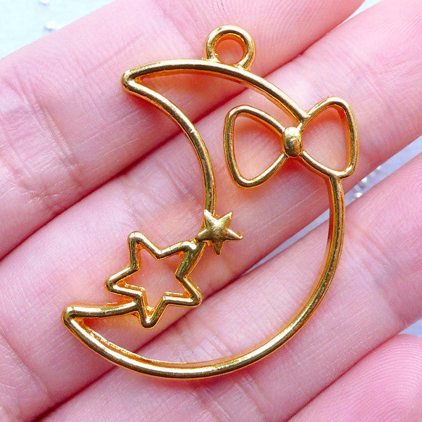 Moon and Star Open Back Bezel Charm | Kawaii Deco Frame for UV Resin Filling | Fairy Kei Resin Jewelry Supplies (1 piece / Gold / 24mm x 35mm)