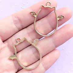 Cat with Bat Wing Open Bezel Charm for UV Resin Filling | Bat Winged Fat Cat Pendant | Kawaii Creepy Cute Jewelry Making (2 pcs / Gold / 32mm x 32mm)